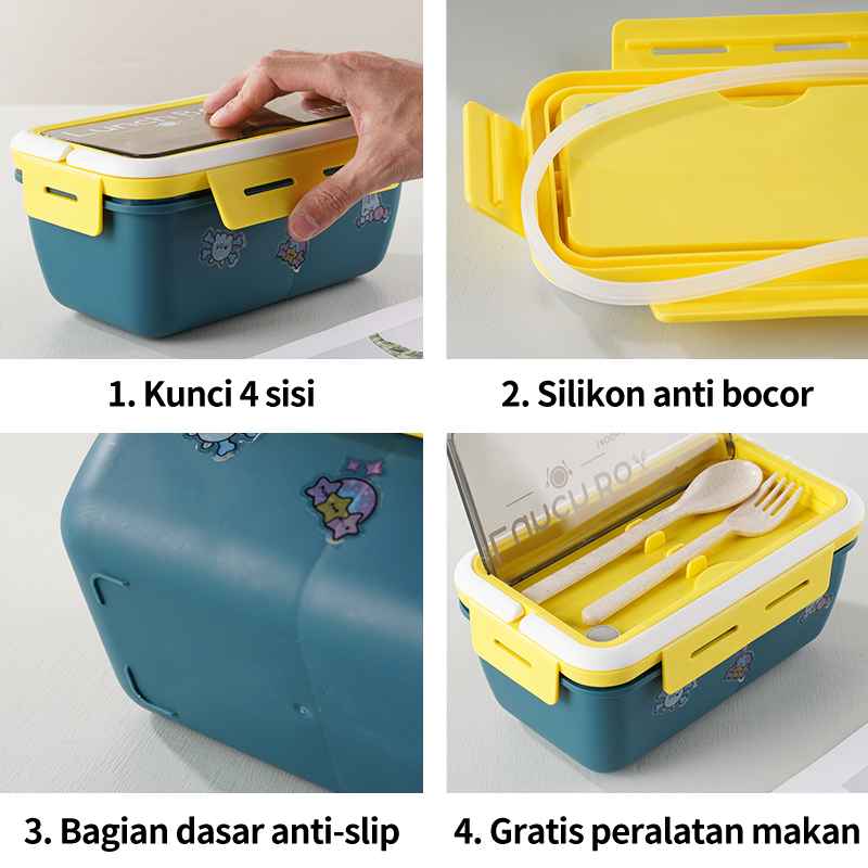 Letyeah &amp; Kaizenliving tempat makan anak sekolah set tas / kotak makan plastik 1400ml / lunch box set tas / tempat makan anti tumpah + stiker lucu