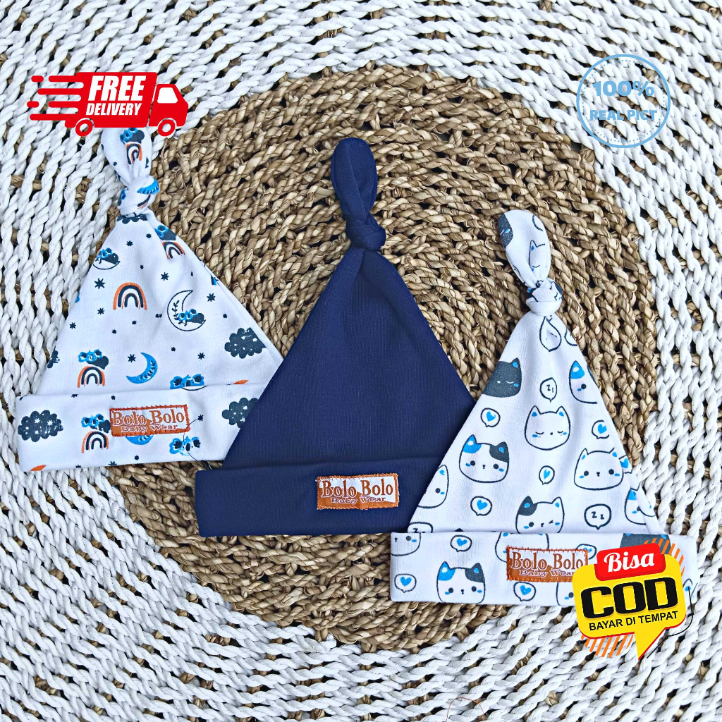 SALE 7.7 Serian Navy - 3 Pcs Topi Kupluk Bayi Baru Lahir Topi Bayi Newborn 0 - 3 Bulan Navy SERIES merk SNI Bolo - Bolo