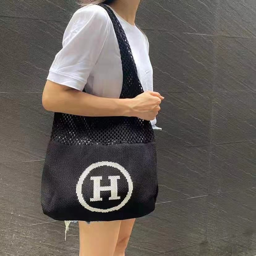 Tote Bag Rajut Tas Rajut Wanita Logo H Ramah Lingkungan Tas Bahu Wanita Rajut