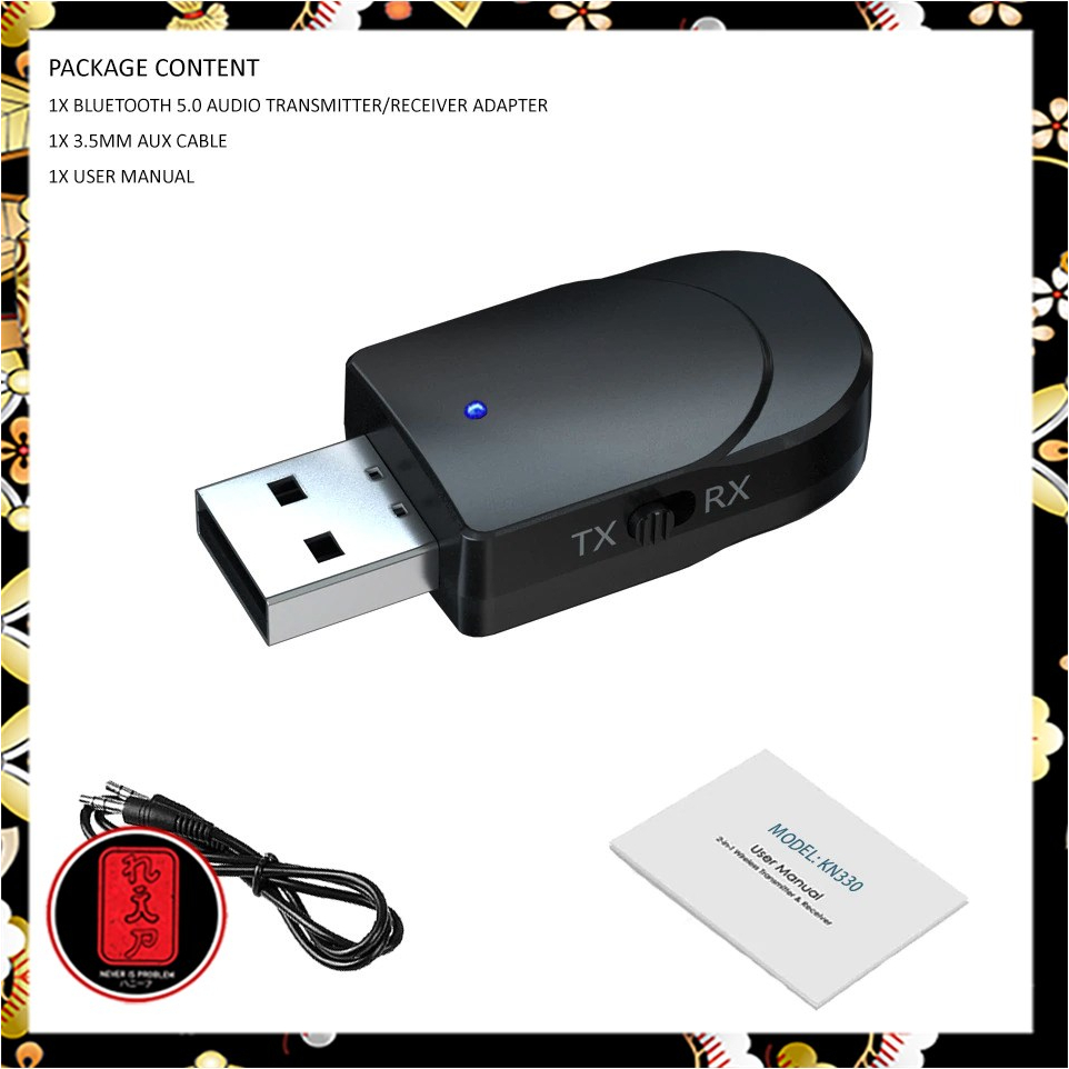 VIKEFON 2 in 1 USB Audio Bluetooth 5.0 Transmitter &amp; Receiver - KN330 - Black