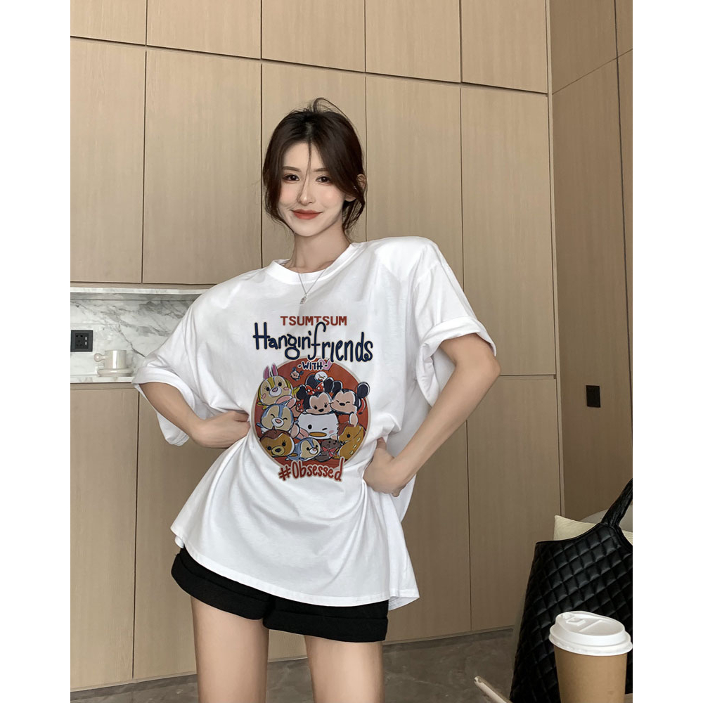 XiaoZhaiNv Kaos Atasan Oversize Wanita Disney Mickey Mouse Pattern Lengan Pendek A0307