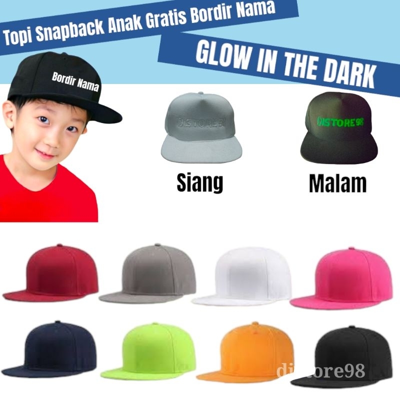 Topi Snapback Anak 2-8 Tahun Bordir Nama Menyala Glow in the dark Topi Hip Hop Anak Bordir Nama