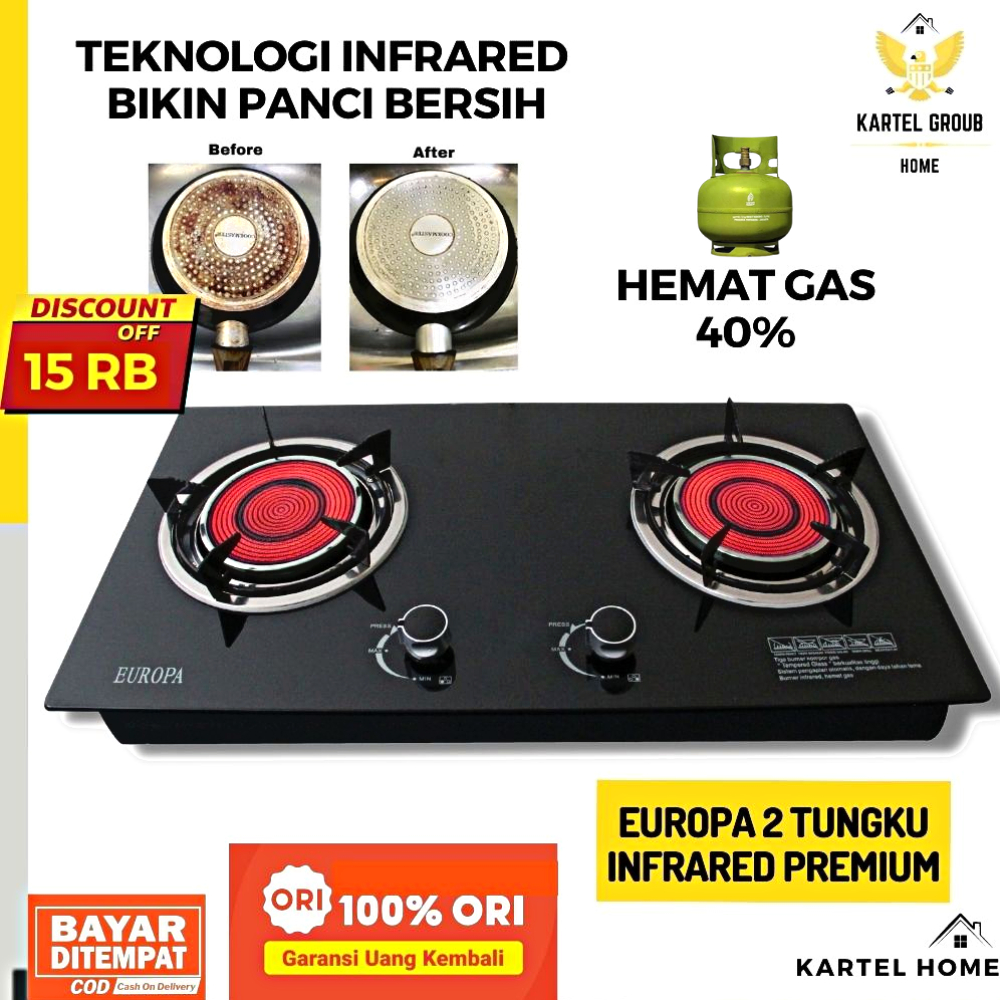 EUROPA Kompor Tanam Kaca 2 Tungku Infrared Hemat Gas LPG 40% Tempered Glass Kuat 80kg
