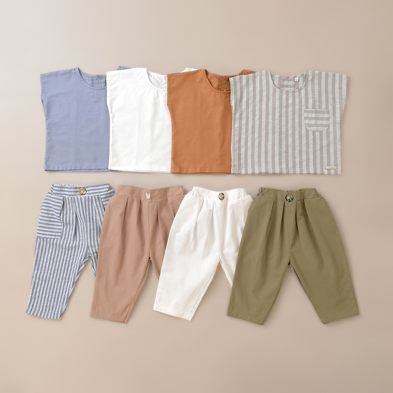 	 Little Mebie-Finley Set-setelan anak salur polos unisex laki laki dan perempuan	