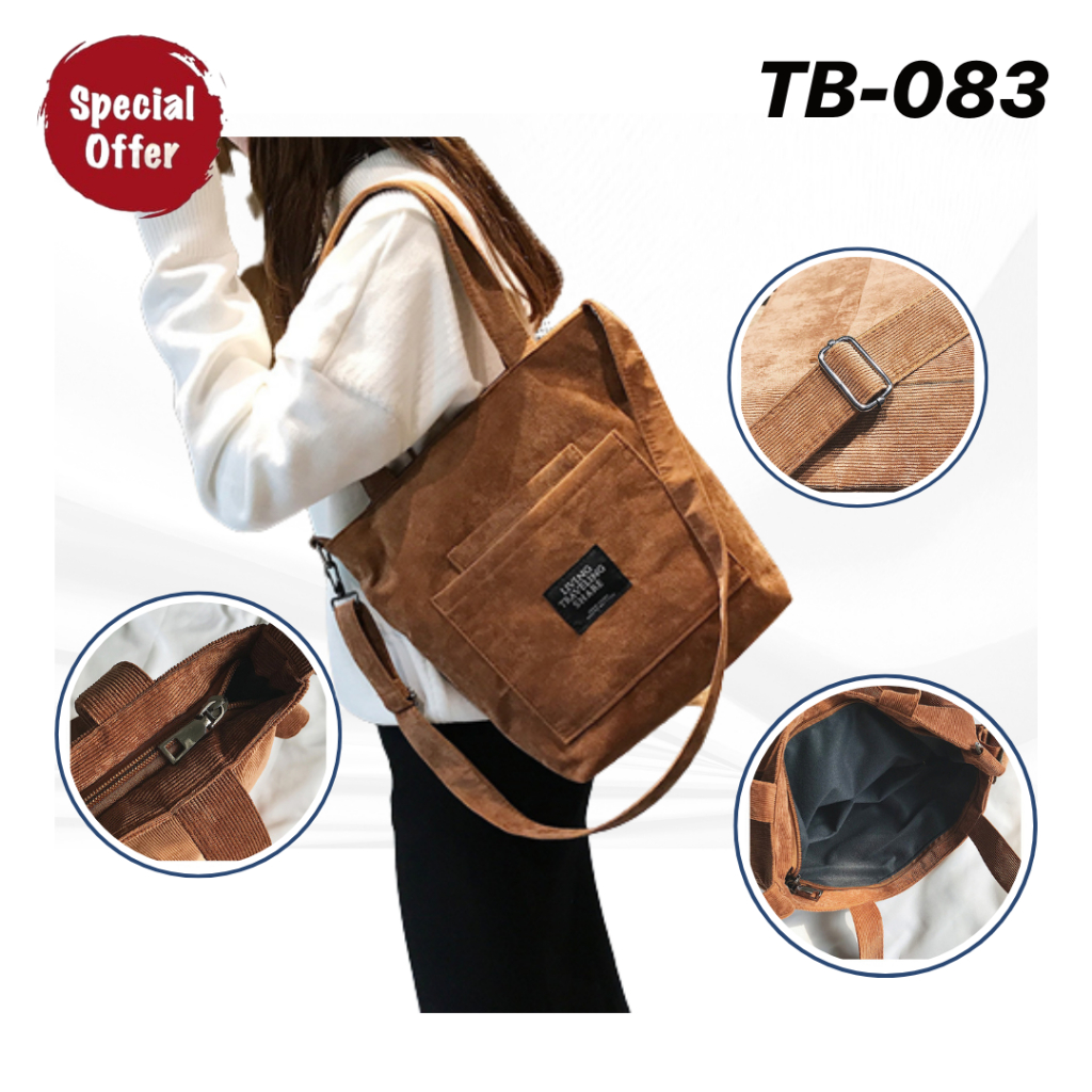 	 TB083 - TOTE BAG KULIAH RESLETING CONDUROY IMPORT TAS SELEMPANG WANITA TOTEBAG SLEMPANG KERJA KOREA MURAH	
