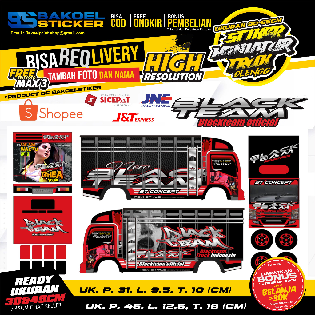 STIKER MINIATUR TRUK OLENG MOTIF "BLACK TEAM" UK 45/30CM