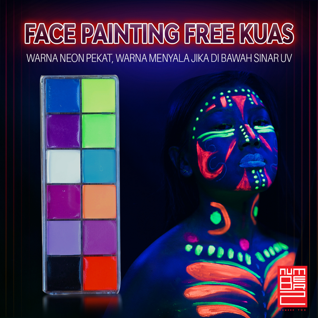 Face body paint painting cat wajah body art make up set kit wajah oil based anak warna 12 rainbow glow in the dark neon uv free brush kuas halloween