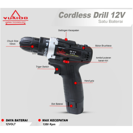 BERGARANSI NEW YUKIDO 12S Mesin Bor 10MM ONLY BATRAI YUKIDO HITAM JLD Cordless Screwdriver DC 12v bor listrik murah promo komplit