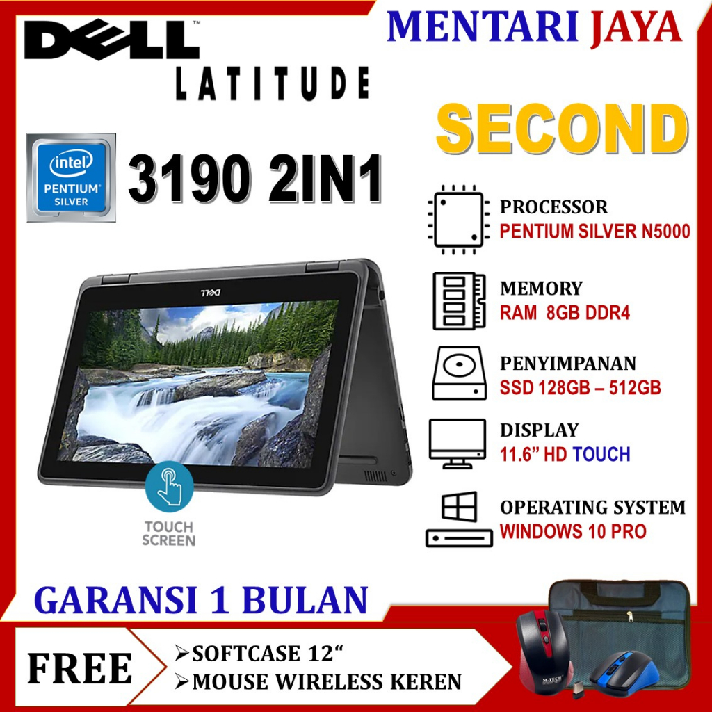 Laptop Murah DELL Latitude 11 3190 2in1 Touchscreen Intel Pentium N5000 8GB SSD 512GB Win 10 Pro Bergaransi