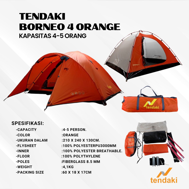 TENDAKI •Tenda Camping Dome Termurah •Tendaki •NSM4 •Borneo 4 •Borneo 3 •Java 4 Light •Arundaya 4+ Air •Double Layer PU3000mm 4000mm •Fiberglass Pole •Alluminium Pole