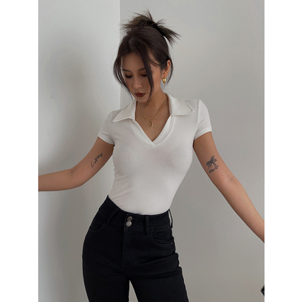 【Premium】Collared Deep V-Neck Skinny Crop T-Shirt 7143