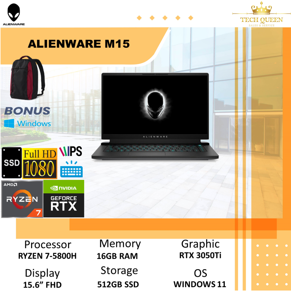 DELL ALIENWARE M15 R5 - RTX3050TI 4GB RYZEN 7 5800 16GB 512SSD W11 15.6FHD DARK MOON