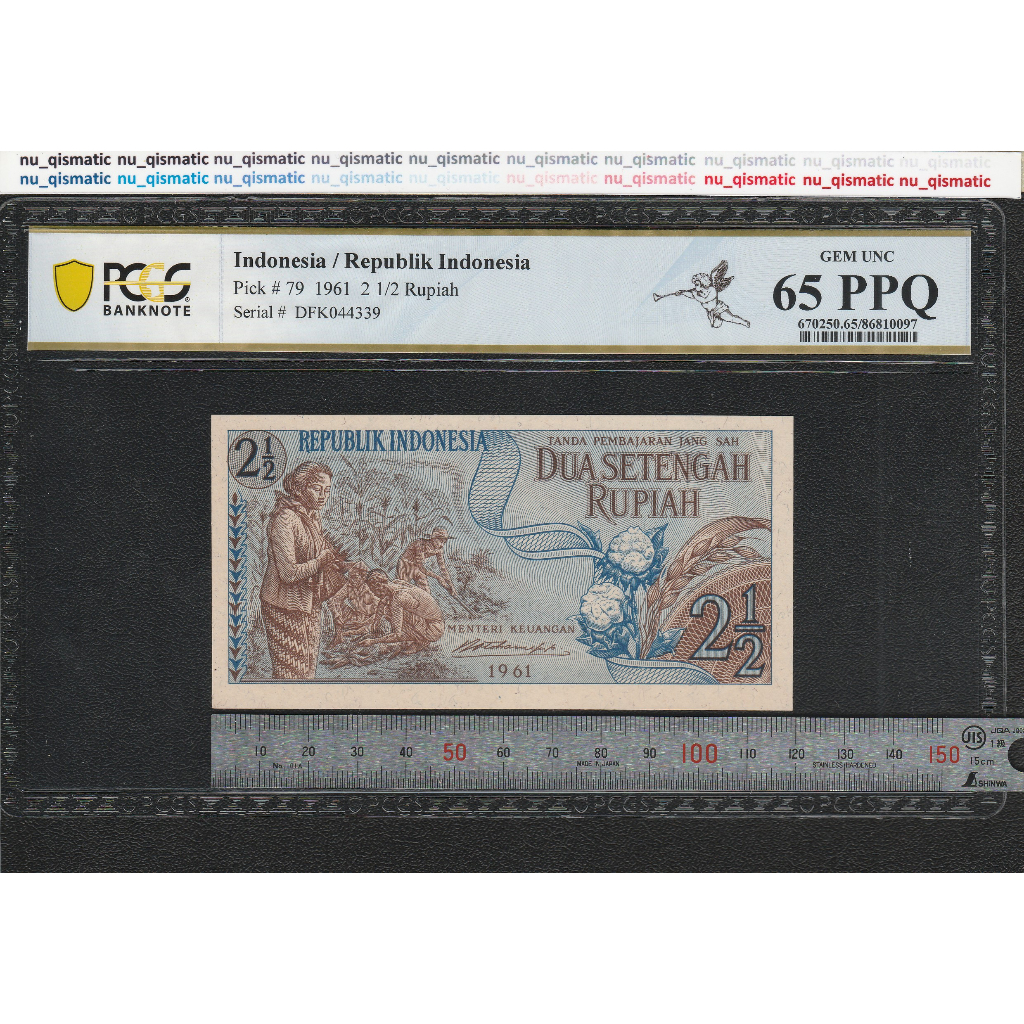 Uang 2 1/2 , 2.5, 2,5 Rupiah Indonesia 1961, PCGS 65 PPQ Gem UNC (Bukan PMG) P# 79