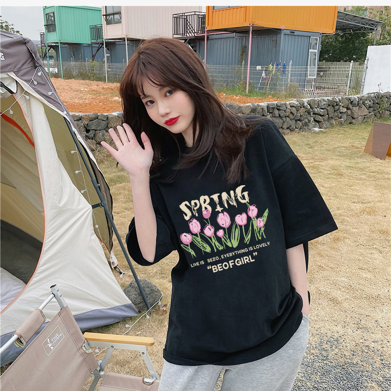 Flower Kaos Lengan Pendek Cream Atasan Wanita Oversize Printed T-shirt Kekinian Korean Style/