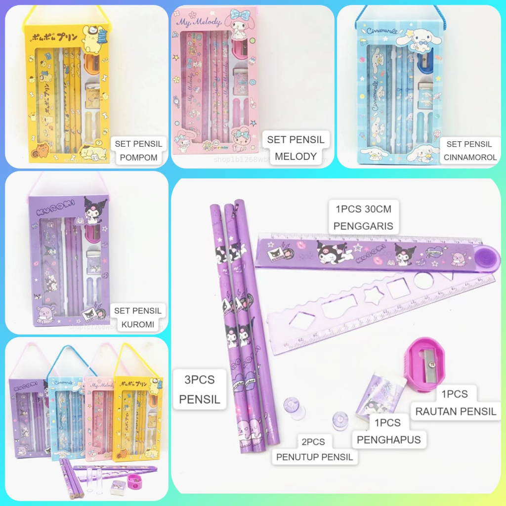 

GEM - 5 IN 1 SET ALAT TULIS SANRIO | SET ALAT TULIS SEKOLAH SANRIO | ALAT TULIS SEKOLAH LUCU | SET PENSIL CINAMOROL | SET PENSIL KUROMI | SET PENSIL SANRIO | KADO ULANG TAHUN ANAK | KADO ULANG TAHUN | KADO LUCU
