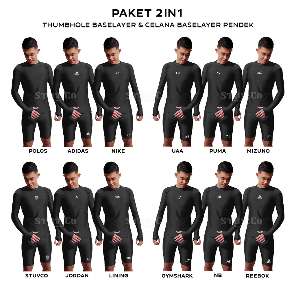 STELAN 2IN1 OLAHRAGA MANSET TANGAN PANJANG JARI DAN CELANA BASELAYER PENDEK UNISEX