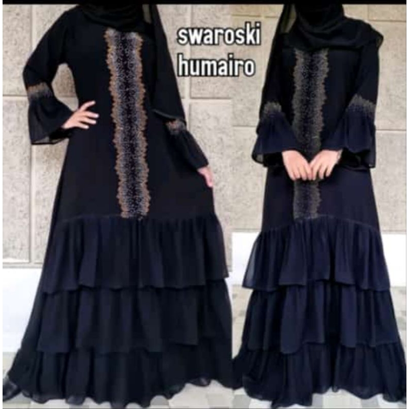 abaya humairoh swarovski dg rempel sifon bwh tumpuk 3susun cantik bgt real pic 100%