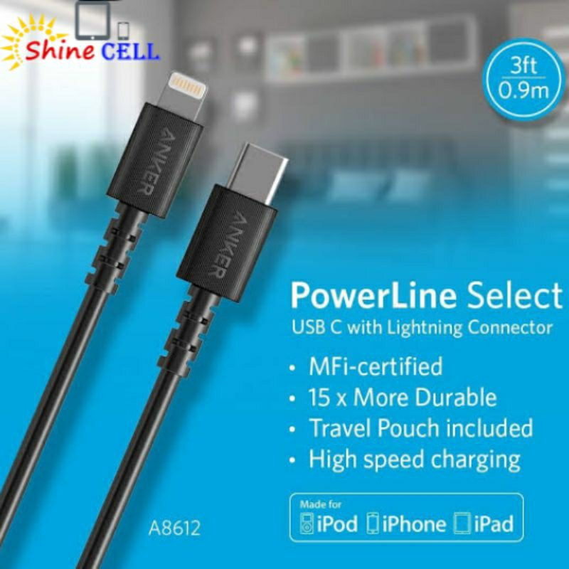Kabel Data Powerline Select + C to Lightning Iphone MFI Anker