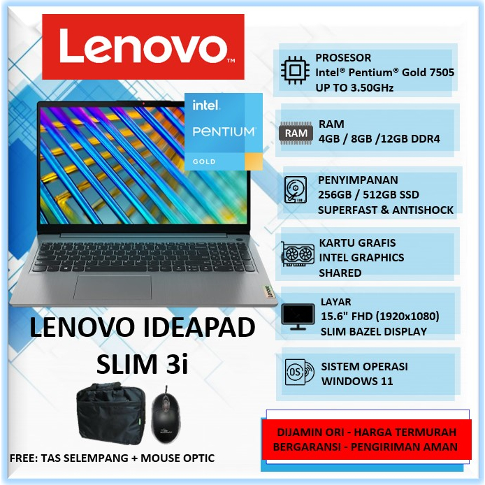Laptop Murah Lenovo Ideapad Slim 3i 15 Intel Pentium Gold 7505 Ram 12GB SSD 512GB 15" FHD Windows 11