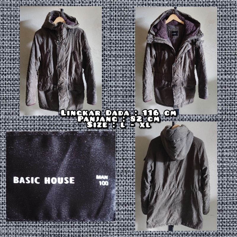 Jaket Parka Tebal Merk Basic House Warna Hijau Army Second Original.
