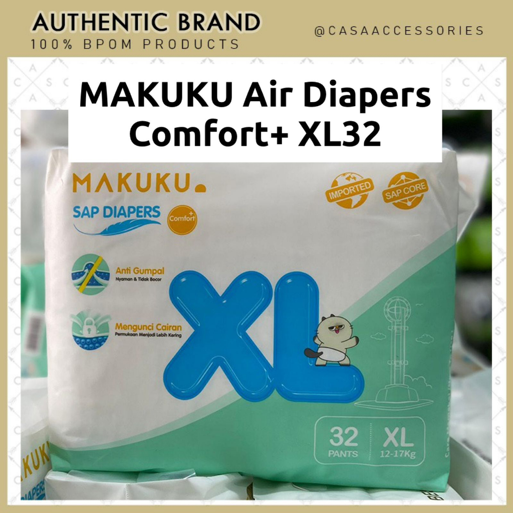 MAKUKU SAP Diapers Comfort+ plus Pants XL32 / Popok bayi Tipis SAP anti gumpal cepat kering sekali pakai tipe celana