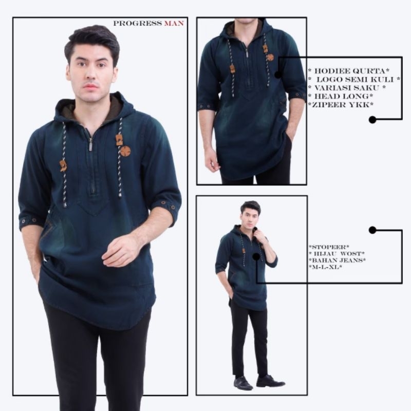 COD-ORIGINAL PROGRESS MAN Baju Muslim Koko Kurta Pakistan Jeans Denim Hoodie Zipper/Resleting/Atasan