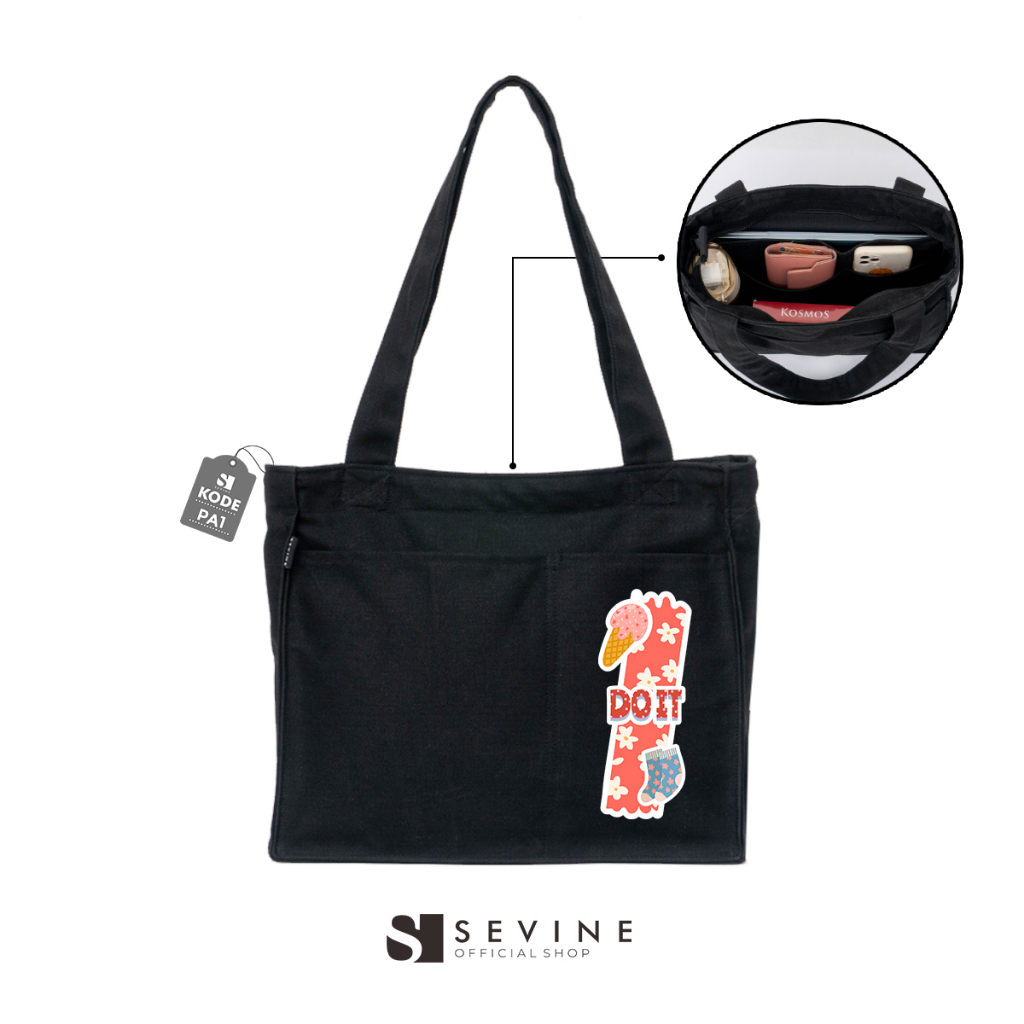 Sevine Totebag Kanvas Rebecca Tas Wanita Tote Bag Kuliah Sekolah Sekat Laptop Hitam Elegan Aesthetic - PA