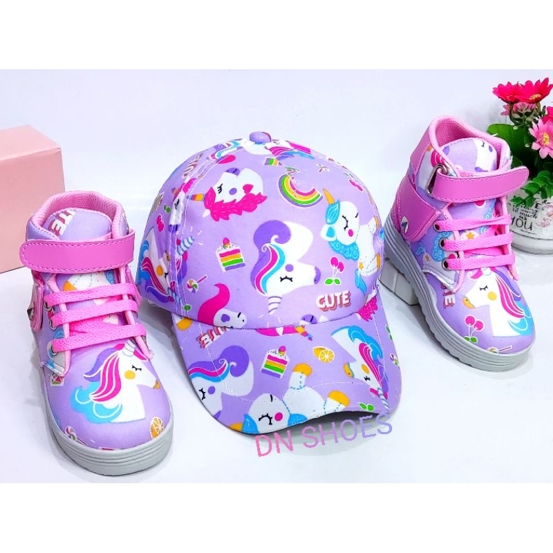 Paket Sepatu Anak Perempuan Topi Anak Lucu Paket Boots Anak Topi Pet Anak Karakter Unicorn Ungu Cute Usia 1 - 7 Tahun