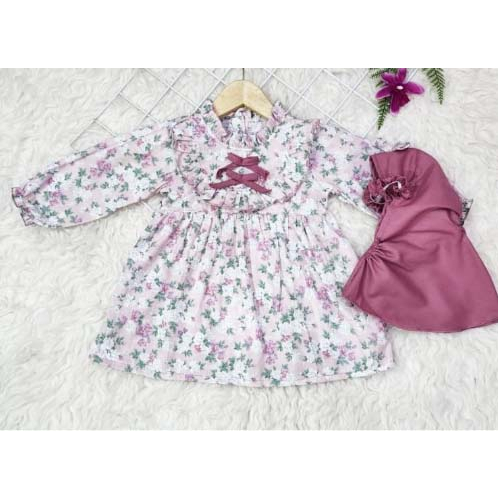 [F 13] Pakaian Muslim  motif bordir bayi perempuan + hijab usia 3-10 bln