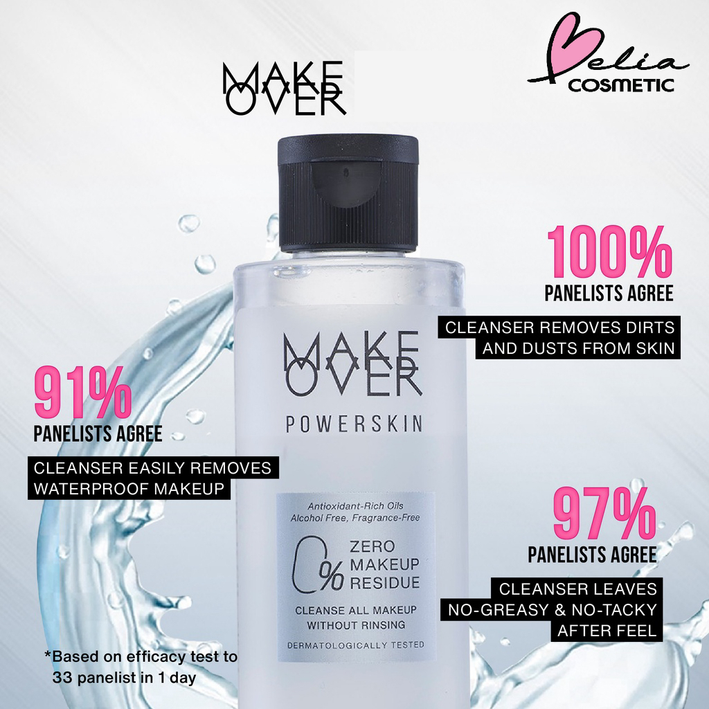 ❤ BELIA ❤ MAKE OVER Powerskin Bi-Phase Oil Micellar Water 200ml | 0% Zero Makeup Residue | BPOM