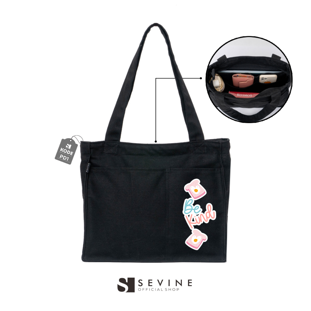 Sevine Totebag Kanvas Rebecca Tas Wanita Tote Bag Kuliah Sekolah Sekat Laptop Hitam Tebal Elegan Aesthetic - PD