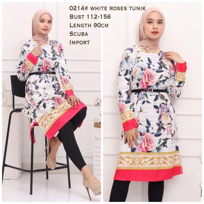 PAKAIAN WANITA BAJU MIDI DRESS TUNIK WHITE ROSES PUTIH "