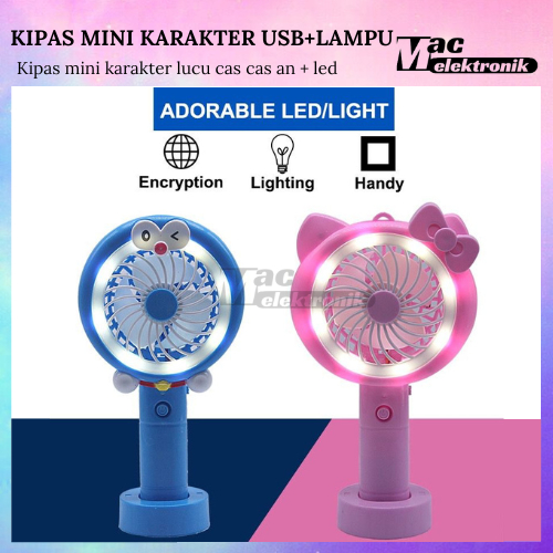 KIPAS MINI KARAKTER HELLOKITY DAN DORAEMON / KIPAS GENGGAM TANCAP USB+LED