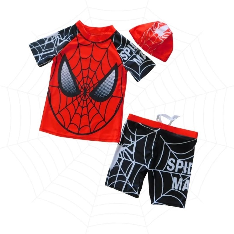 Setelan Baju Renang Anak Laki Laki  TK SD Import Premium McQueen Bahan Rashguard Melindungi Sinar UV 3Pcs Atasan Celana Topi