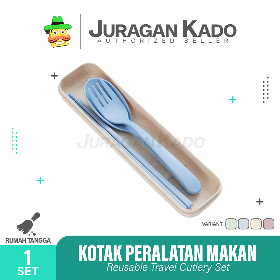 Alat Makan Set 3in1 Sendok Garpu Sumpit Plastik dengan Kotak Box Souvenir Bahan Jerami Gandum Cutlery Set