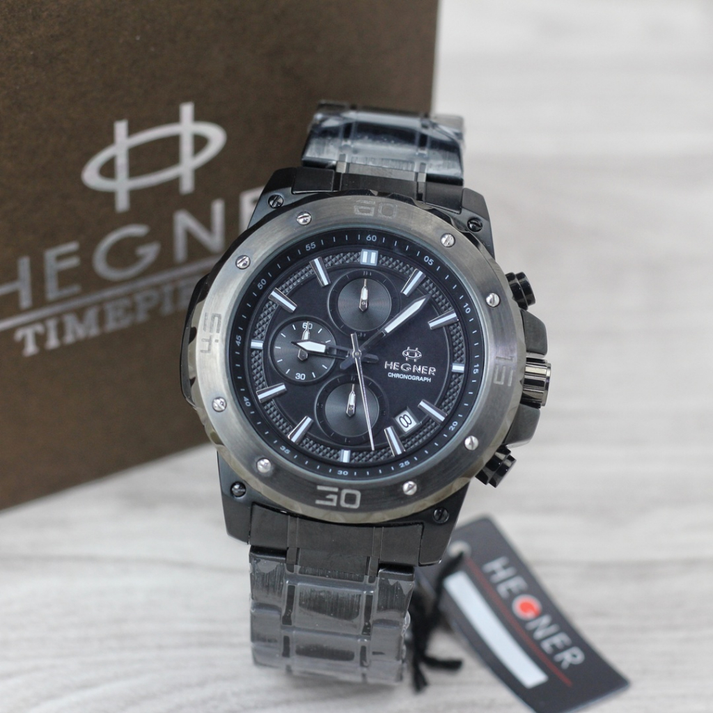 Jam Tangan Pria Bisnis Hegner 1684 Analog Chrono Aktif Stainless Original