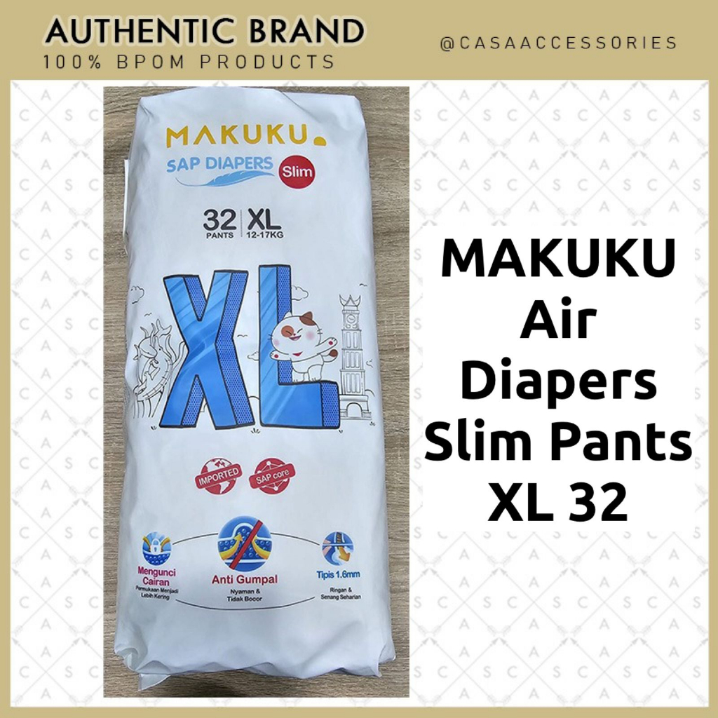 MAKUKU SAP Diapers Slim Pants XL32 / Popok Bayi Tipis Extra Dry Anti Gumpal Mengunci Cairan Cepat Kering Type Celana