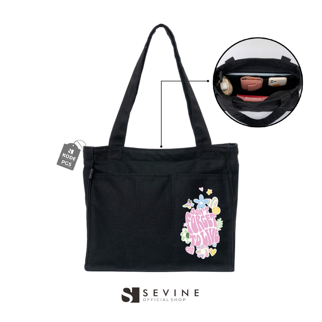 Sevine Totebag Kanvas Rebecca Tas Wanita Tote Bag Pocket Kuliah Sekolah Kerja Laptop Hitam Tebal Elegan Aesthetic - PG