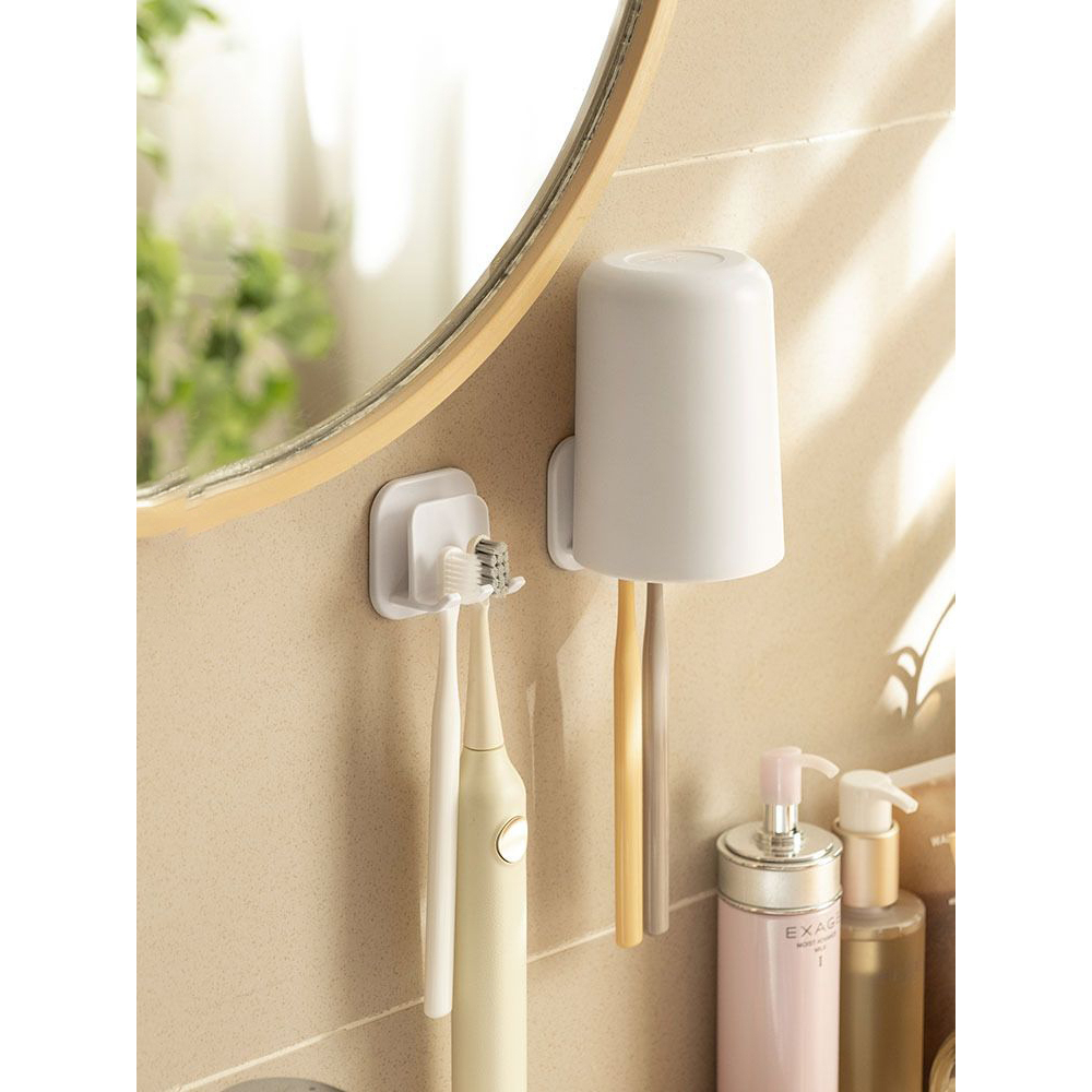 2 in 1 PREMIUM HIGH QUALITY Penyangga Sikat Gigi dan Gelas Tempel Dinding Hook Serbaguna - HW114