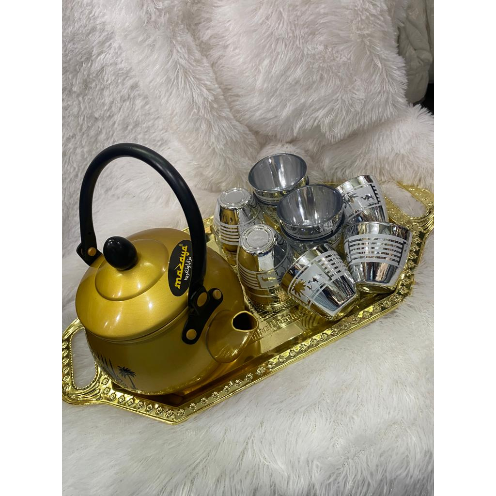 Teko arab / Teko Emas one set pitcher gelas perak / plus nampan dan 6 pcs gelas / Style Arab