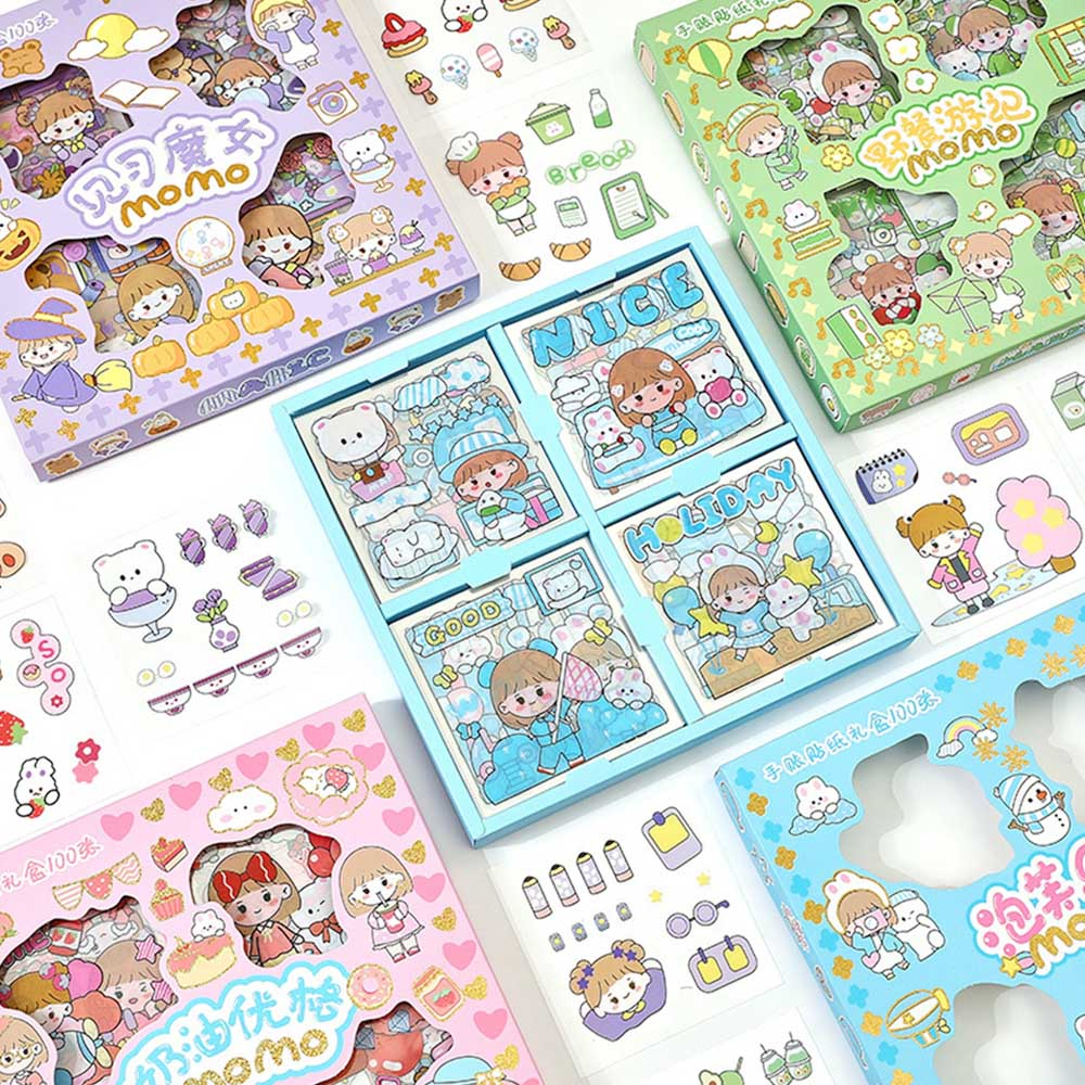 100 pcs Lembar Stiker Motif Kartun Korea Box PVC Anti Air Sticker Decorasi - Sticker Deco Stiker Hias Viral - Random