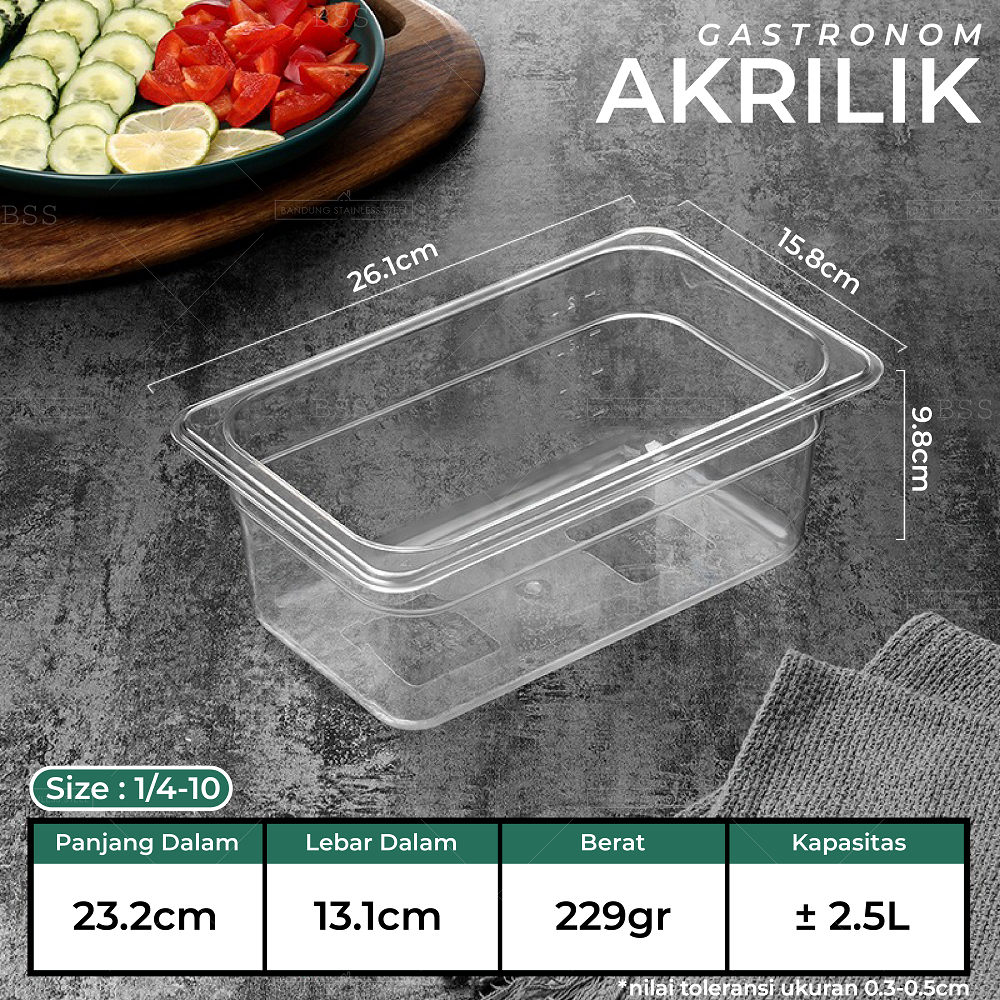 Gastronom Akrilik Food Pan 1/4/10 Kedalaman 10cm Wadah Penyimpanan Sayur Buah Daging Makanan Tempat Saji Prasmanan Multifungsi