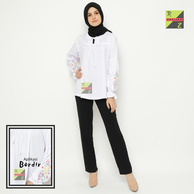 Blouse atasan Muslim lengan panjang putih bordir PREMIUM