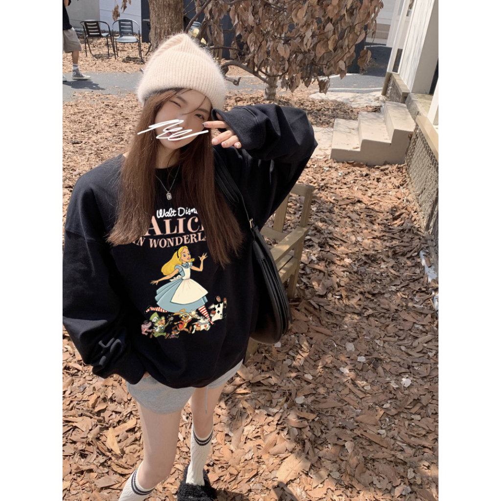 EUNII Sweater Lengan Panjang Cartoon Alice In WonderlandPainting Korean Style/Hoodie Oversize/Baju Wanita/Switer Wanita