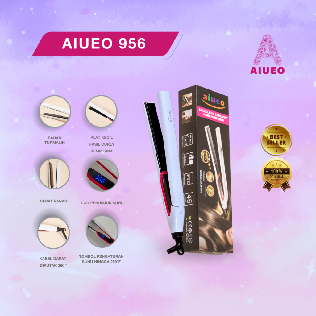 [GARANSI 18 BLN] • Catokan Curly AIUEO 956 2in1 Hair Straightener - Catok Meluruskan dan Keriting Rambut Plat Keramik Plat Kecil Warna Putih