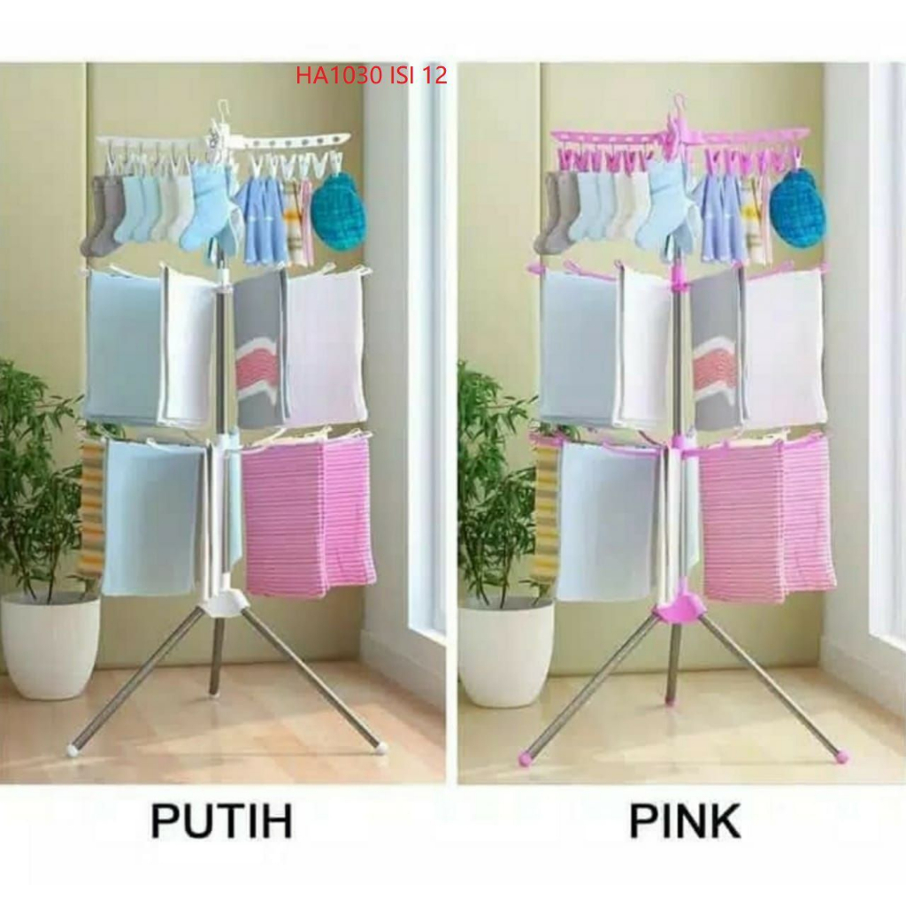 Rak Jemuran Menara/Jemuran Handuk Baju Kaos Kaki Bayi Stand Hanger Berdiri Lipat Foldable Drying Rack 3 Susun