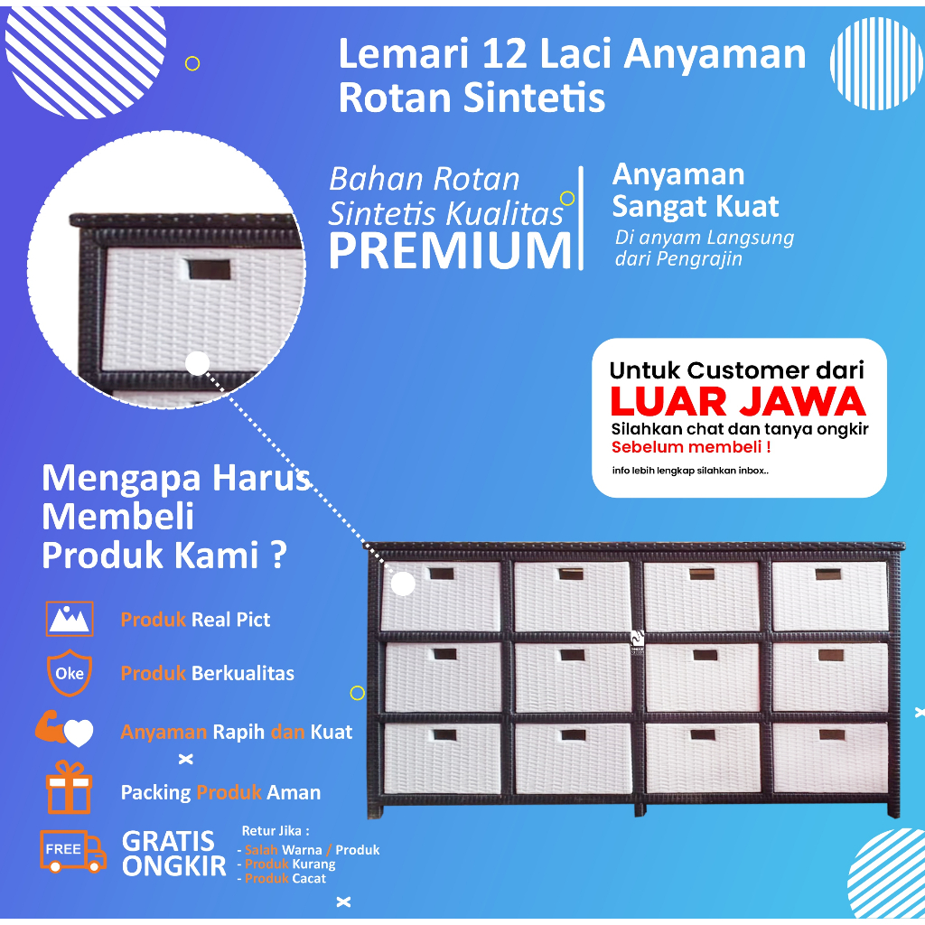 Rak  Serbaguna Lemari Laci Rotan Sintetis 12 laci