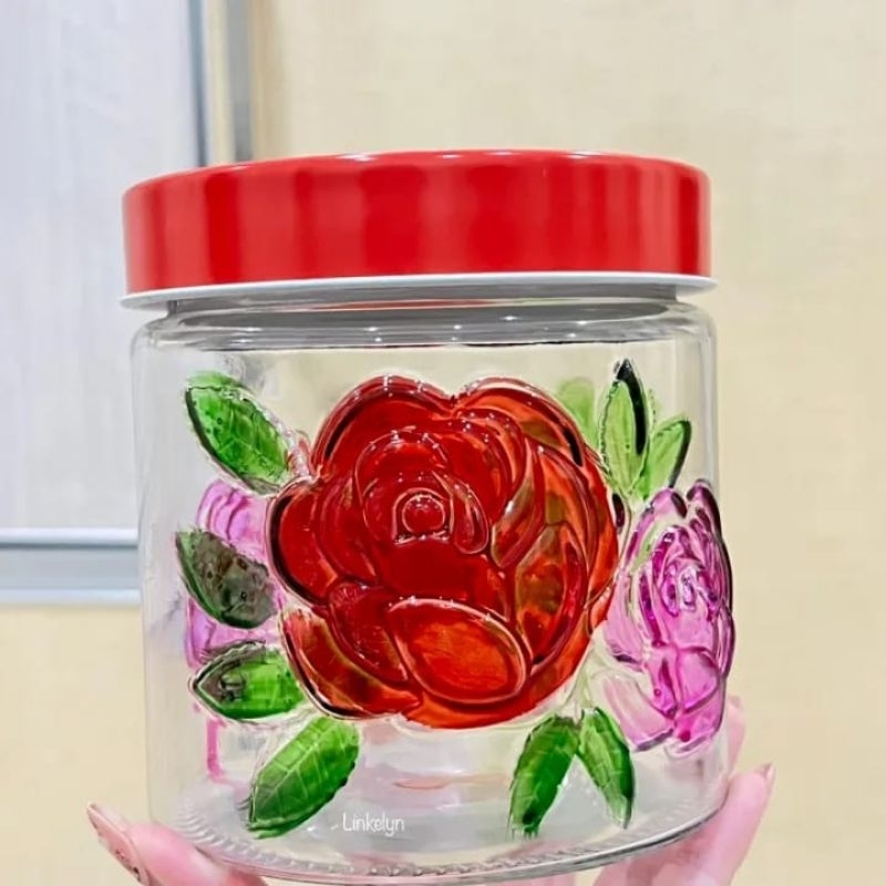 Toples Kaca Motif Bunga 850ml / Toples Kue Kering Lebaran Cantik
