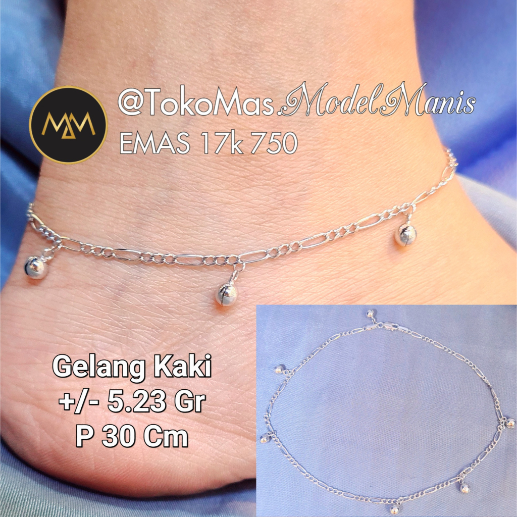 Gelang kaki kerincingan emas putih 750 kadar 17k
