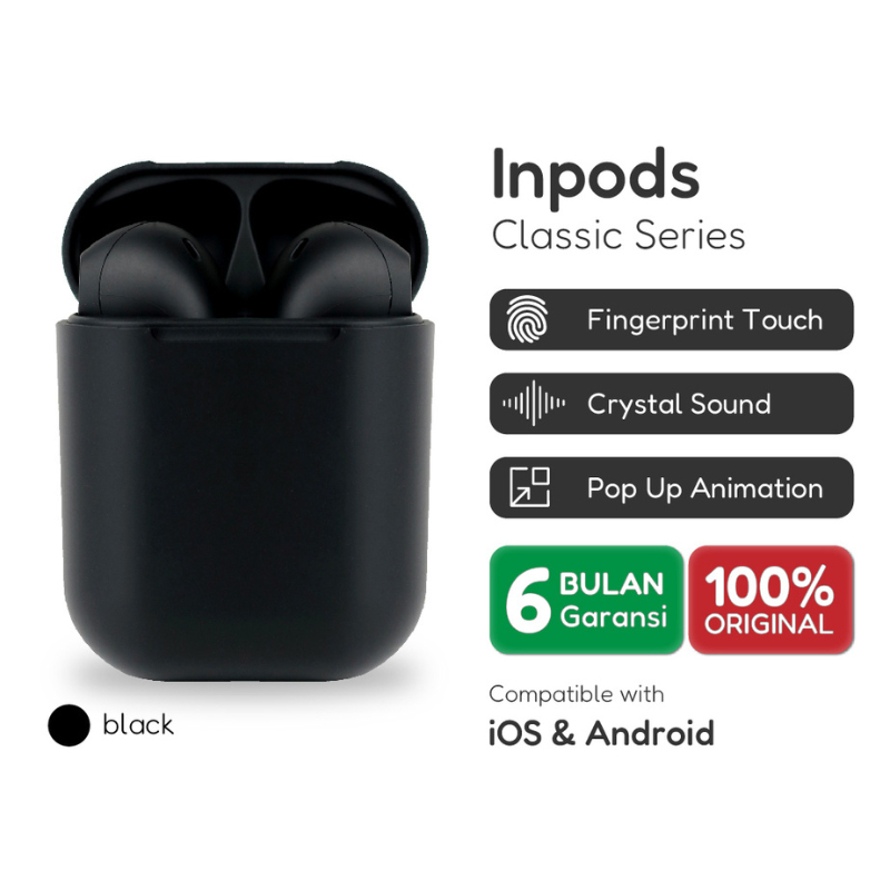 Official Inpods 12 Black Headset Bluetooth TWS IOS &amp; Android